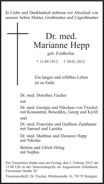 Traueranzeige von Marianne Hepp von Stuttgarter Zeitung / Stuttgarter Nachrichten