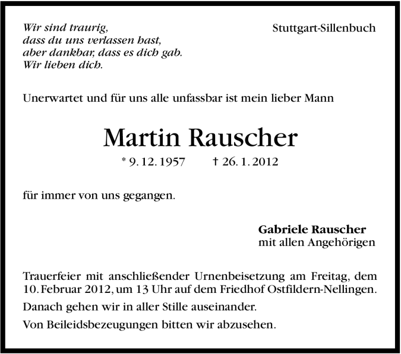  Traueranzeige für Martin Rauscher vom 03.02.2012 aus Stuttgarter Zeitung / Stuttgarter Nachrichten