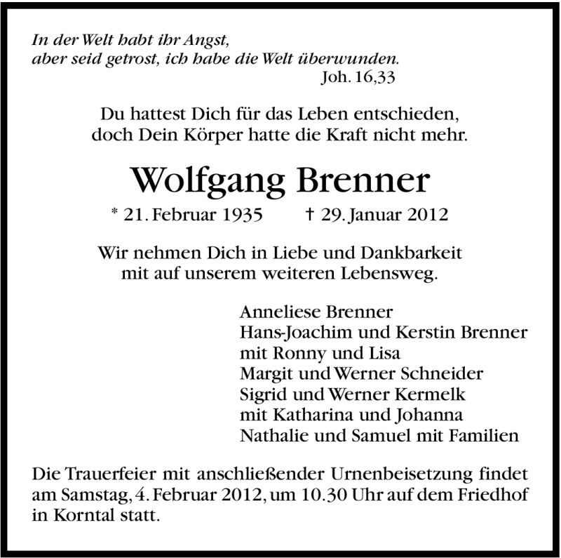  Traueranzeige für Wolfgang Brenner vom 02.02.2012 aus Stuttgarter Zeitung / Stuttgarter Nachrichten