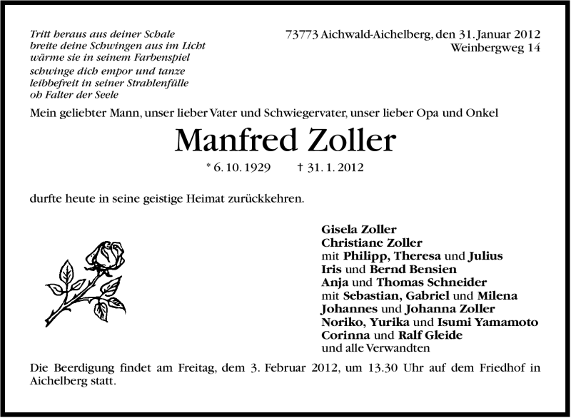  Traueranzeige für Manfred Zoller vom 02.02.2012 aus Stuttgarter Zeitung / Stuttgarter Nachrichten