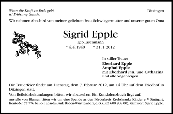 Traueranzeige von Sigrid Epple von Stuttgarter Zeitung / Stuttgarter Nachrichten