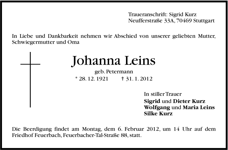  Traueranzeige für Johanna Leins vom 02.02.2012 aus Stuttgarter Zeitung / Stuttgarter Nachrichten