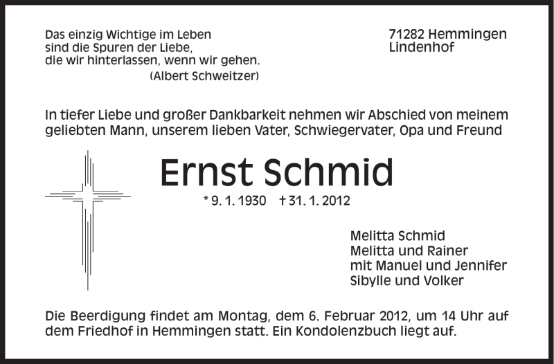  Traueranzeige für Ernst Schmid vom 02.02.2012 aus Leonberger Kreiszeitung / Strohgäu Extra