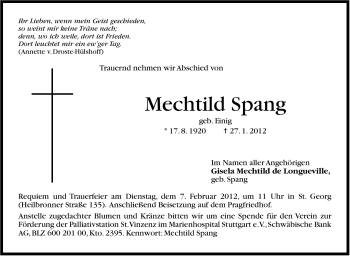 Traueranzeige von Mechtild Spang von Stuttgarter Zeitung / Stuttgarter Nachrichten