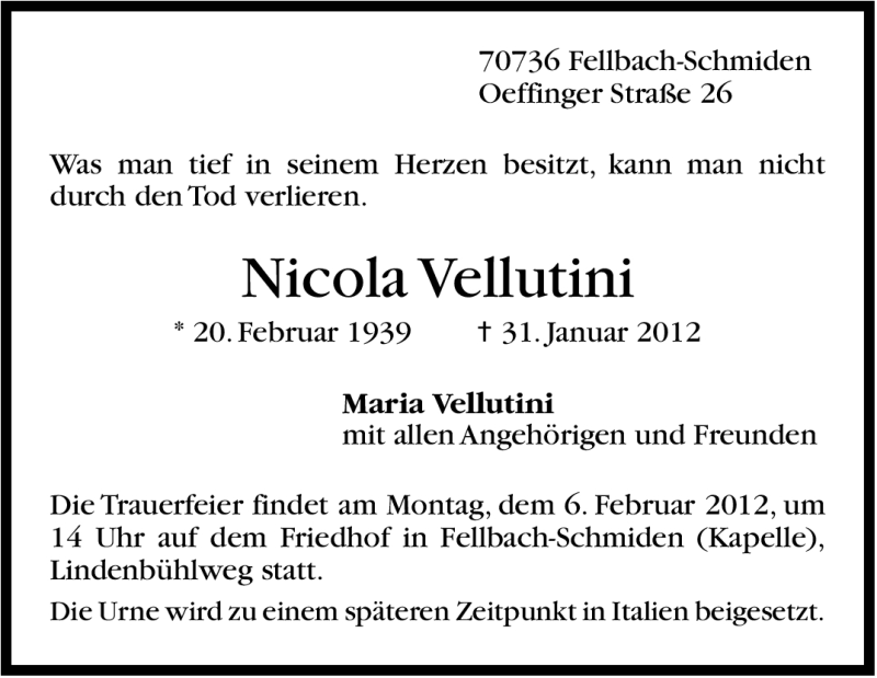  Traueranzeige für Nicola Vellutini vom 03.02.2012 aus Stuttgarter Zeitung / Stuttgarter Nachrichten