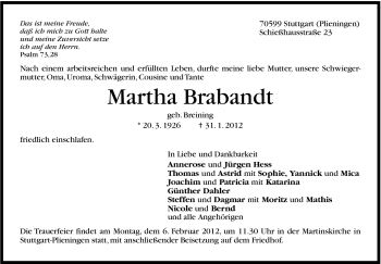 Traueranzeige von Martha Brabandt von Stuttgarter Zeitung / Stuttgarter Nachrichten