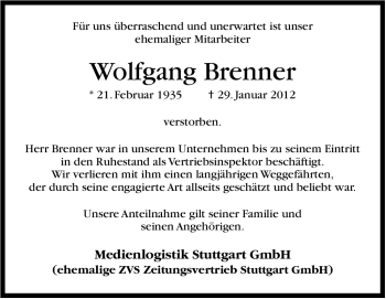 Traueranzeige von Wolfgang Brenner von Stuttgarter Zeitung / Stuttgarter Nachrichten