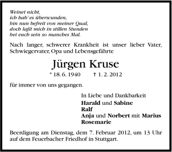 Traueranzeige von Jürgen Kruse von Stuttgarter Zeitung / Stuttgarter Nachrichten