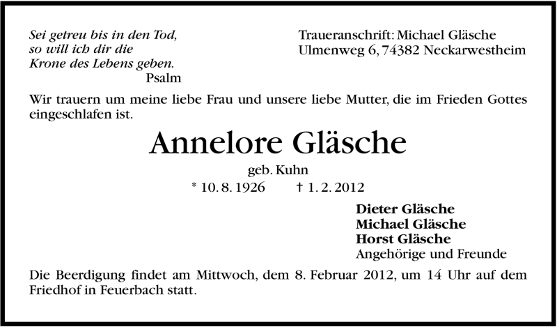  Traueranzeige für Annelore Gläsche vom 04.02.2012 aus Stuttgarter Zeitung / Stuttgarter Nachrichten