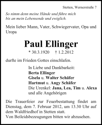 Traueranzeige von Paul Ellinger von Stuttgarter Zeitung / Stuttgarter Nachrichten