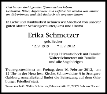 Traueranzeige von Erika Schmetzer von Stuttgarter Zeitung / Stuttgarter Nachrichten