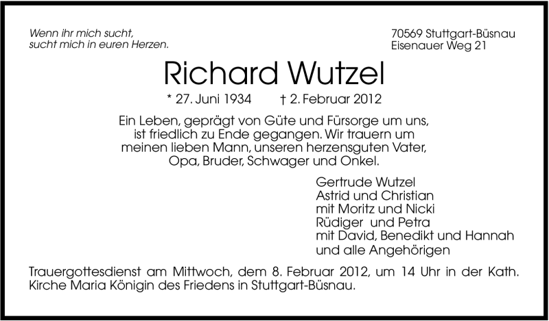  Traueranzeige für Richard Wutzel vom 06.02.2012 aus Stuttgarter Zeitung / Stuttgarter Nachrichten