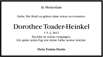 Traueranzeige von Dorothee Toader-Heinkel von Stuttgarter Zeitung / Stuttgarter Nachrichten