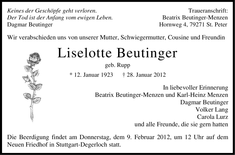  Traueranzeige für Liselotte Beutinger vom 04.02.2012 aus Stuttgarter Zeitung / Stuttgarter Nachrichten