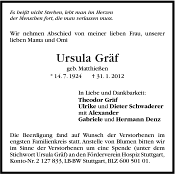 Traueranzeige von Ursula Gräf von Stuttgarter Zeitung / Stuttgarter Nachrichten