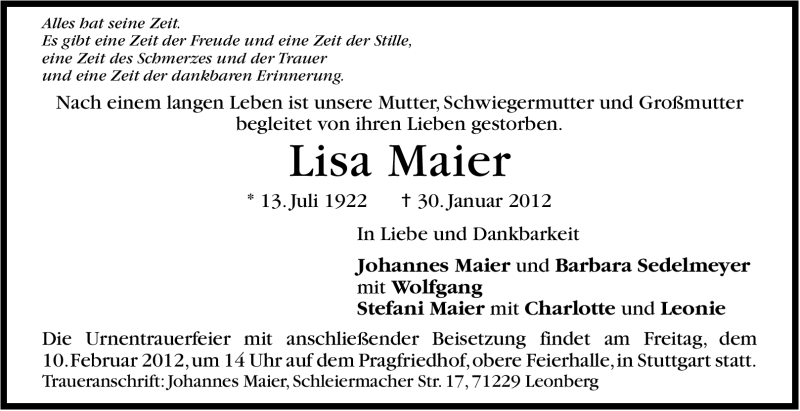  Traueranzeige für Lisa Maier vom 04.02.2012 aus Stuttgarter Zeitung / Stuttgarter Nachrichten
