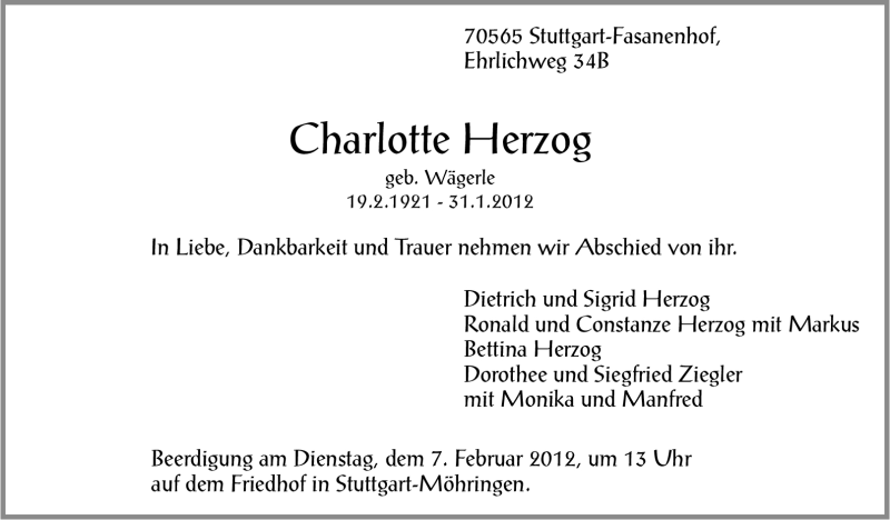  Traueranzeige für Charlotte Herzog vom 04.02.2012 aus Stuttgarter Zeitung / Stuttgarter Nachrichten