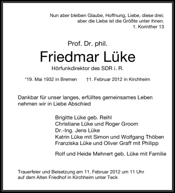 Traueranzeige von Friedmar Lueke von Stuttgarter Zeitung / Stuttgarter Nachrichten