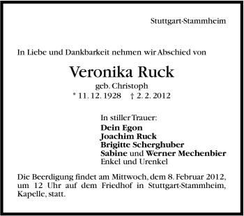 Traueranzeige von Veronika Ruck von Stuttgarter Zeitung / Stuttgarter Nachrichten