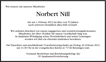 Traueranzeige von Nill Norbert von Stuttgarter Zeitung / Stuttgarter Nachrichten