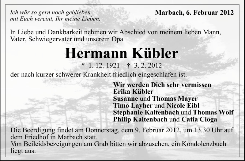  Traueranzeige für Hermann Kübler vom 06.02.2012 aus Marbacher Zeitung