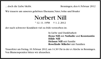 Traueranzeige von Norbert Nill von Stuttgarter Zeitung / Stuttgarter Nachrichten