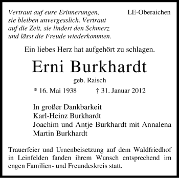 Traueranzeige von Erni Burkhardt von Stuttgarter Zeitung / Stuttgarter Nachrichten