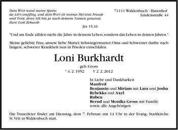 Traueranzeige von Loni Burkhardt von Stuttgarter Zeitung / Stuttgarter Nachrichten