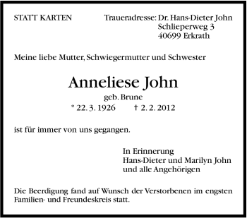 Traueranzeige von Anneliese John von Stuttgarter Zeitung / Stuttgarter Nachrichten