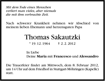 Traueranzeige von Thomas Sakautzki von Stuttgarter Zeitung / Stuttgarter Nachrichten