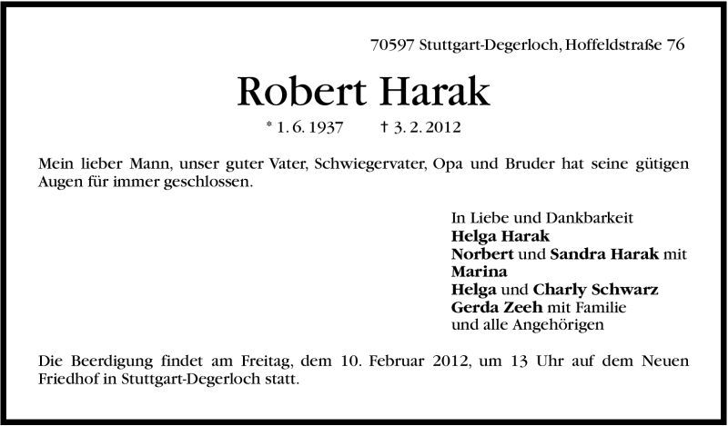  Traueranzeige für Robert Harak vom 07.02.2012 aus Stuttgarter Zeitung / Stuttgarter Nachrichten