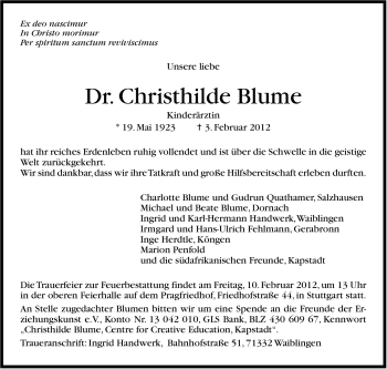 Traueranzeige von Christhilde Blume von Stuttgarter Zeitung / Stuttgarter Nachrichten