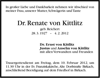 Traueranzeige von Renate von Kittlitz von Stuttgarter Zeitung / Stuttgarter Nachrichten