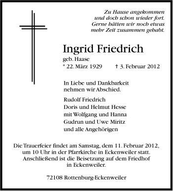 Traueranzeige von Ingrid Friedrich von Stuttgarter Zeitung / Stuttgarter Nachrichten