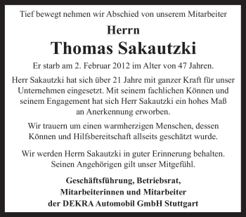 Traueranzeige von Thomas Sakautzki von Stuttgarter Zeitung / Stuttgarter Nachrichten
