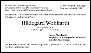 Traueranzeige von Hildegard Wohlfarth von Stuttgarter Zeitung / Stuttgarter Nachrichten