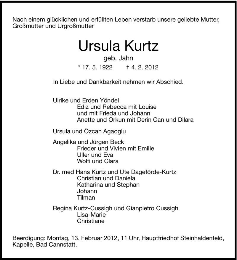  Traueranzeige für Ursula Kurtz vom 07.02.2012 aus Stuttgarter Zeitung / Stuttgarter Nachrichten