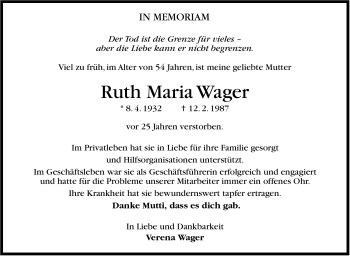 Traueranzeige von Ruth Wager von Stuttgarter Zeitung / Stuttgarter Nachrichten