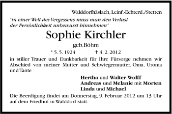 Traueranzeige von Sophie Kirchler von Stuttgarter Zeitung / Stuttgarter Nachrichten