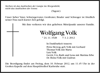 Traueranzeige von Wolfgang Volk von Stuttgarter Zeitung / Stuttgarter Nachrichten