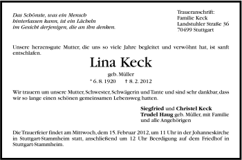 Traueranzeige von Lina Keck von Stuttgarter Zeitung / Stuttgarter Nachrichten