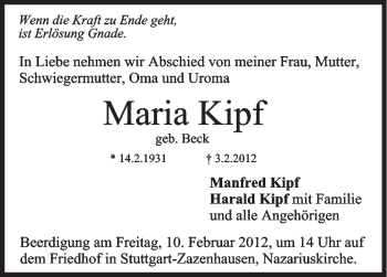 Traueranzeige von Maria Kipf von Stuttgarter Zeitung / Stuttgarter Nachrichten