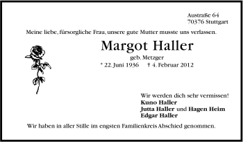 Traueranzeige von Margot Haller von Stuttgarter Zeitung / Stuttgarter Nachrichten