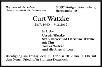 Traueranzeige von Curt Watzke von Stuttgarter Zeitung / Stuttgarter Nachrichten