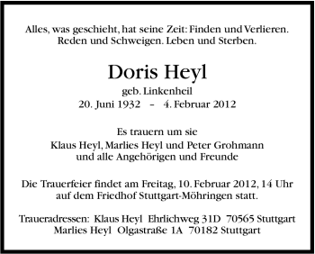 Traueranzeige von Doris Heyl von Stuttgarter Zeitung / Stuttgarter Nachrichten