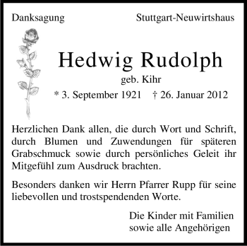 Traueranzeige von Hedwig Rudolph von Stuttgarter Zeitung / Stuttgarter Nachrichten