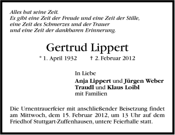 Traueranzeige von Gertrud Lippert von Stuttgarter Zeitung / Stuttgarter Nachrichten