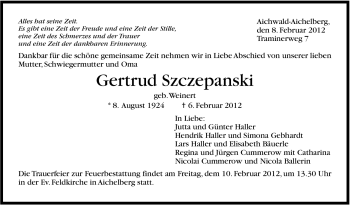 Traueranzeige von Gertrud Szczepanski von Stuttgarter Zeitung / Stuttgarter Nachrichten