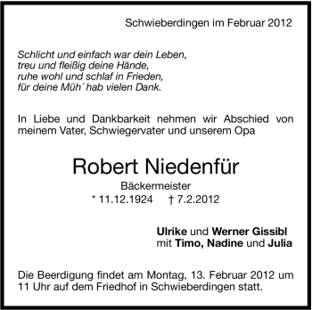 Traueranzeige von Robert Niedenfür von Stuttgarter Zeitung / Stuttgarter Nachrichten