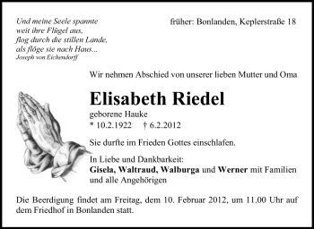 Traueranzeige von Elisabeth Riedel von Stuttgarter Zeitung / Stuttgarter Nachrichten